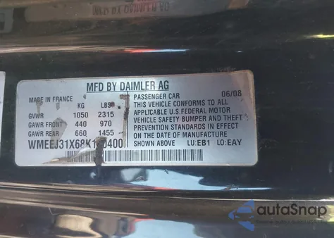 2008 Smart Fortwo Passion/Pure из США, поврежденный, VIN WMEEJ31X68K170400